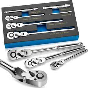 Flex Head Ratchet Set with 1/4", 3/8", 1/2" Drive, 180° Swivel & Extension Bar, 6-Piece