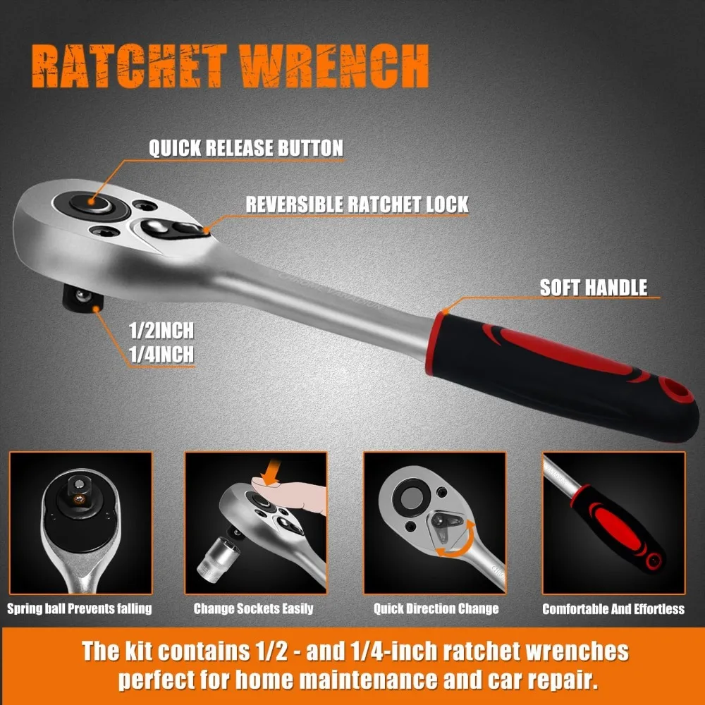 108-Piece Mechanics Socket & Ratchet Tool Kit with Quick Release Reversible Wrench - Image 3